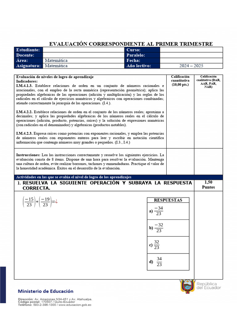 Evaluación 2024 Primer Trimestre | PDF | Exponenciación | Número Real