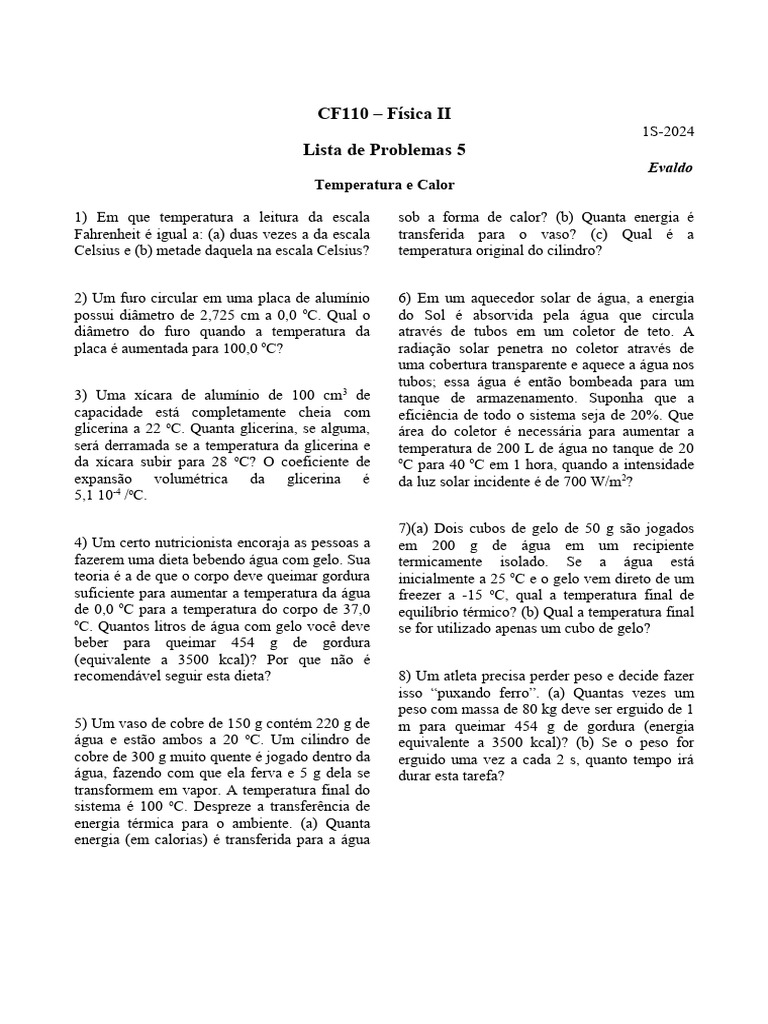 Exercícios sobre Calor e Temperatura | PDF | Temperatura | Calor