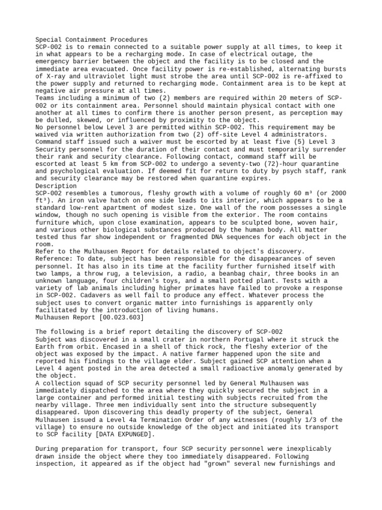SCP-002 Containment Procedures Overview | PDF