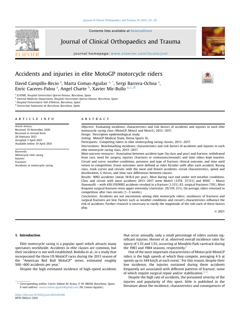 Accidents and Injuries in Elite MotoGP Motorcycle Riders | PDF
