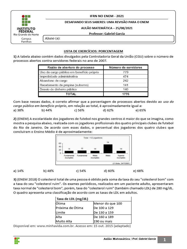 Lista de Exercicios Porcentagem - Aulao Matematica ENEM 2021 | PDF ...
