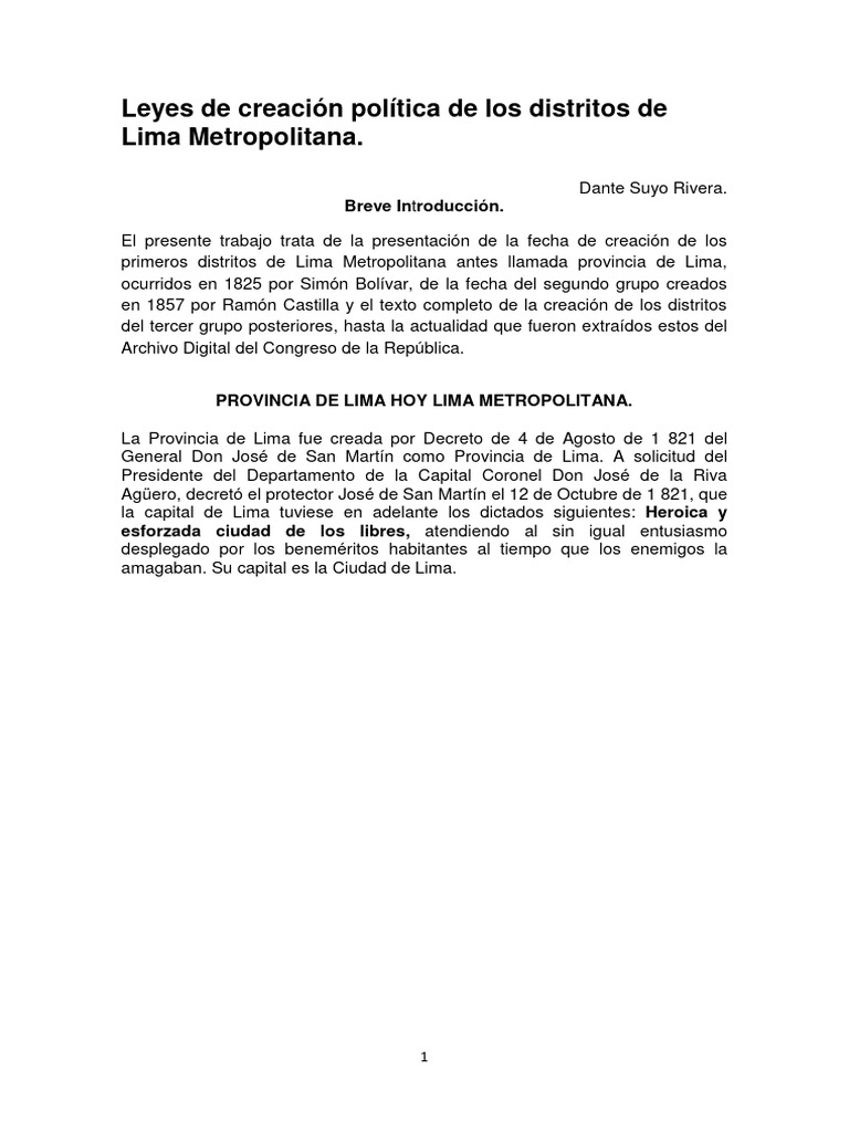 Creación de los 43 Distritos de Lima | PDF | Lima | Gobierno