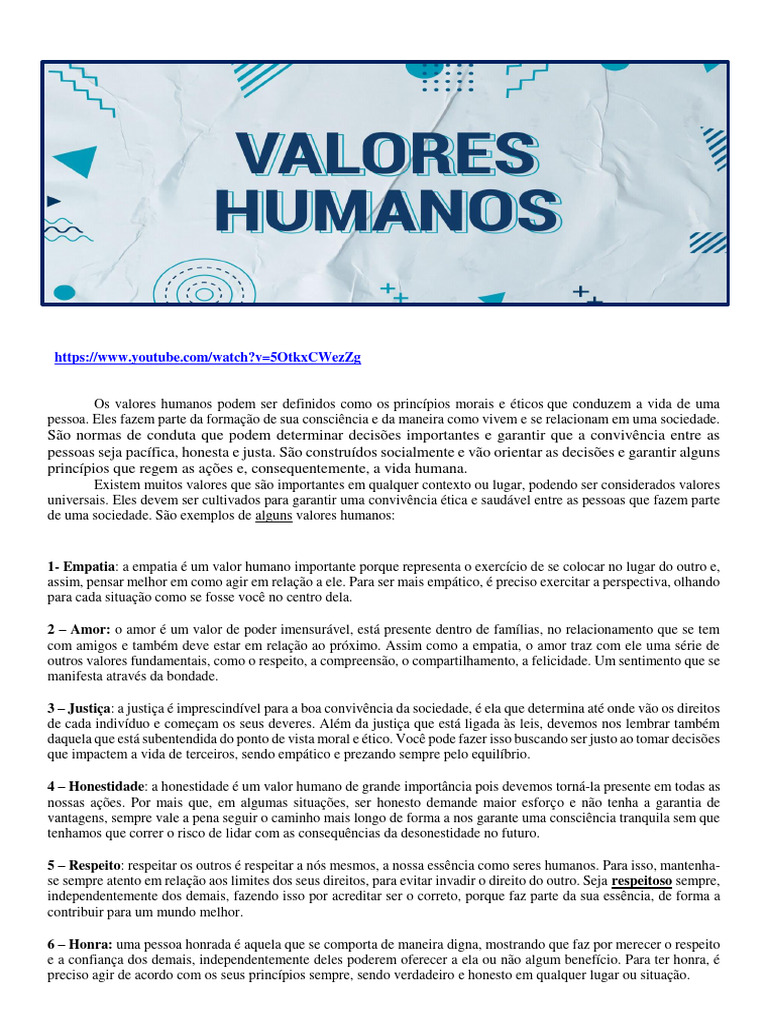 Definição e Importância dos Valores Humanos | PDF | Moralidade | Justiça
