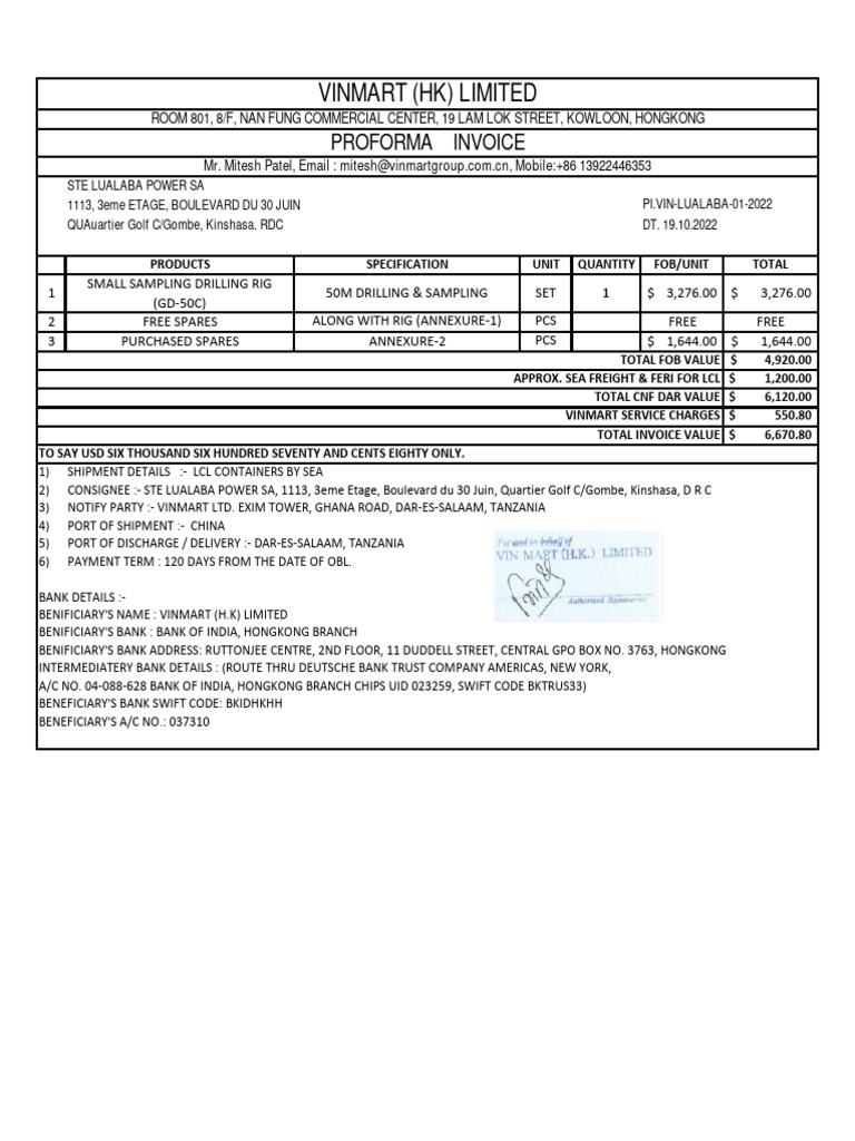Vinmart Invoice for Drilling Rig Shipment | PDF