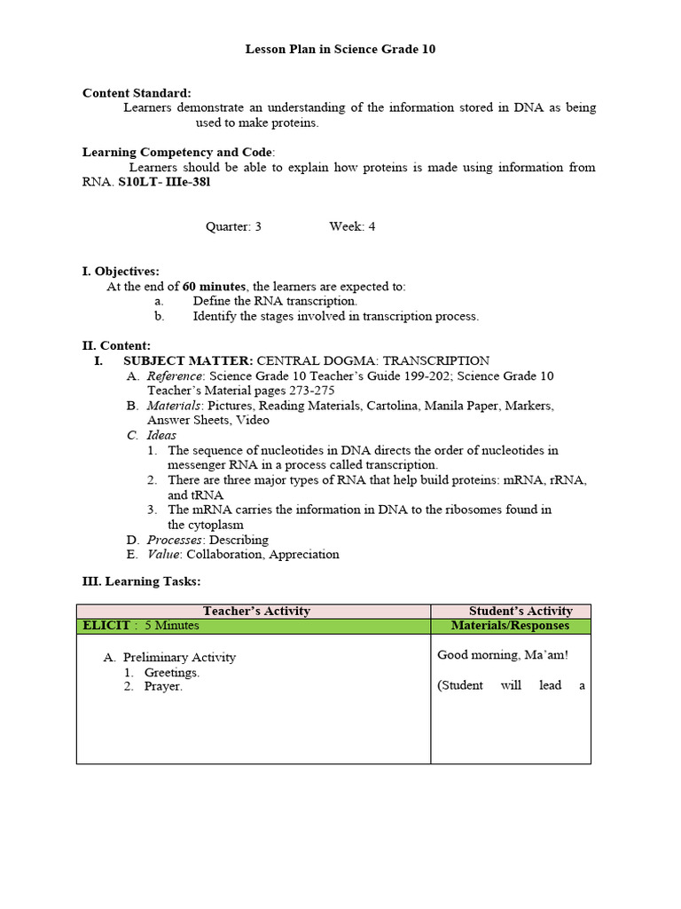 Grade 10 Science Lesson: RNA Transcription | PDF | Rna | Dna