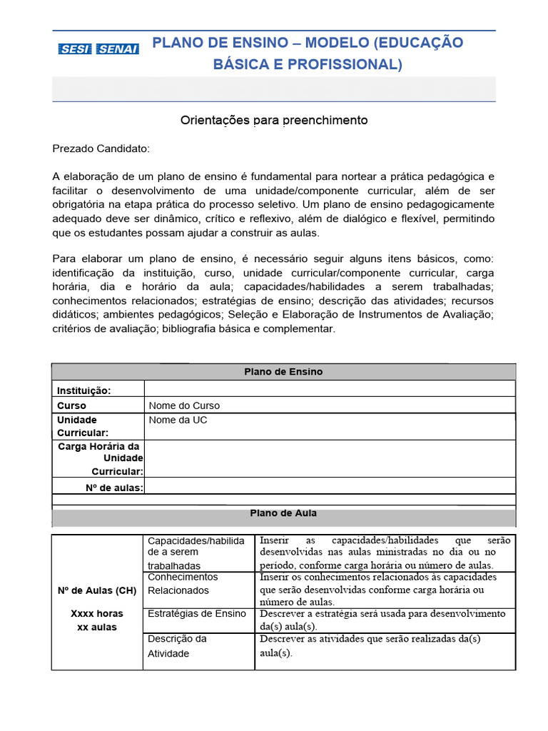 Modelo de Plano de Ensino Pedagógico | PDF | Pedagogia | Aprendizado