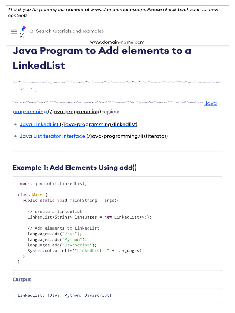 Java Program To Add Elements To A LinkedList | PDF