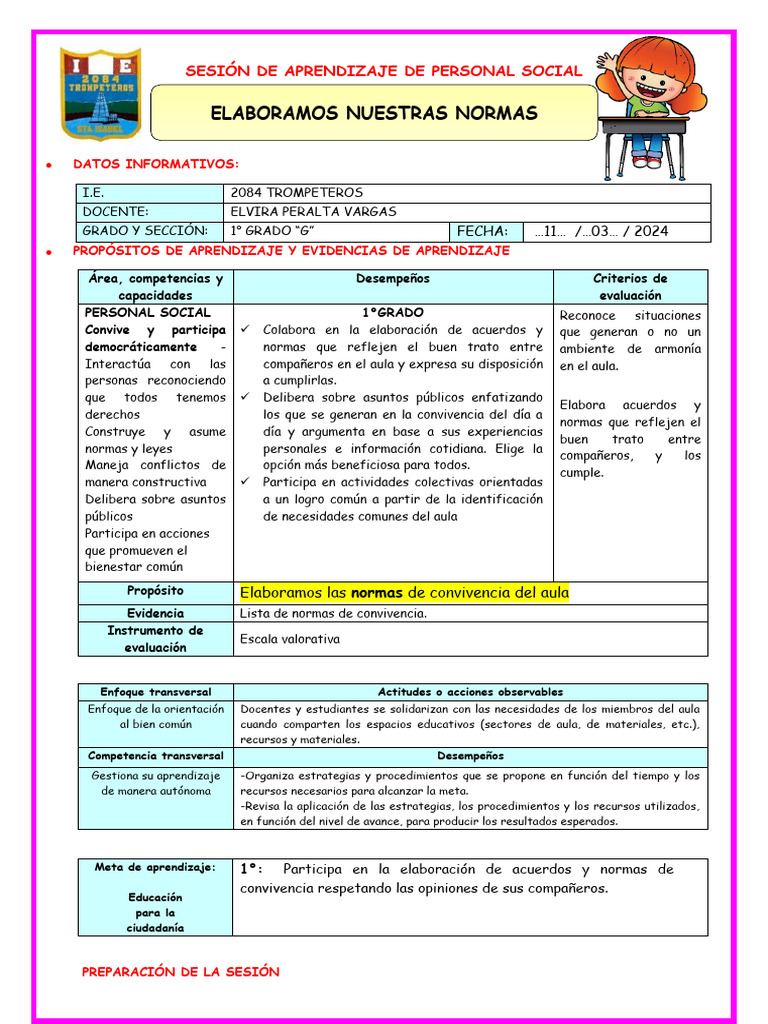 1º U1 S1 Sesion D1 PS Normas de Conivencia | PDF | Evaluación | Aprendizaje