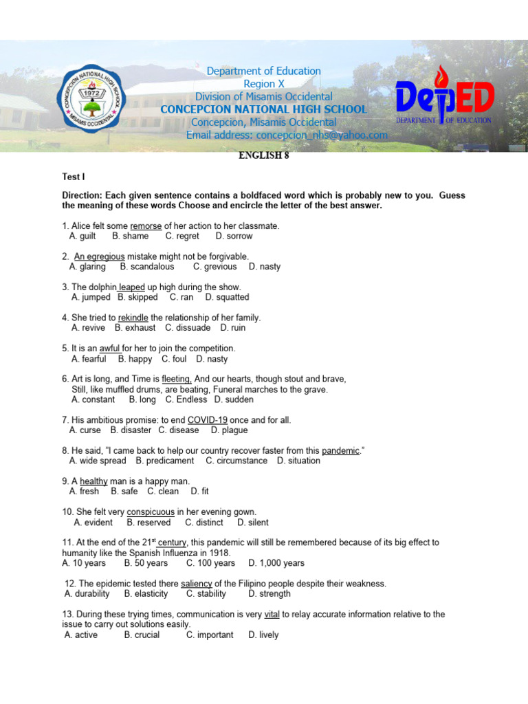 English 8-Test Questionnaire New | PDF | Language Arts & Discipline ...