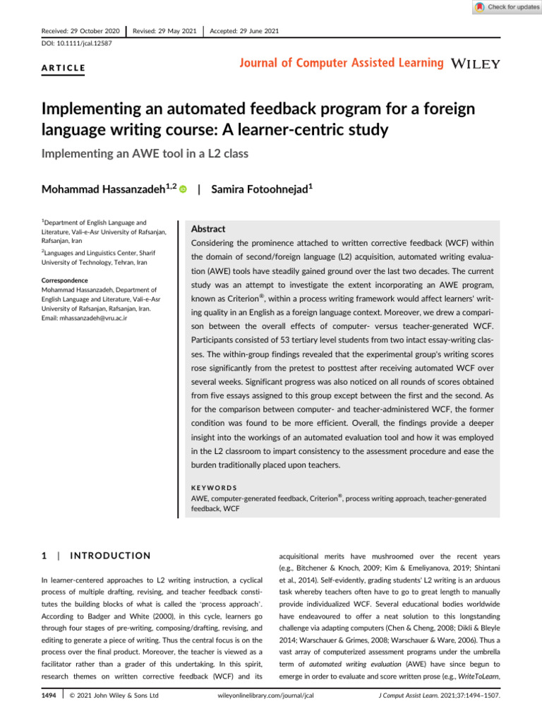 Computer Assisted Learning - 2021 - Hassanzadeh - Implementing An ...