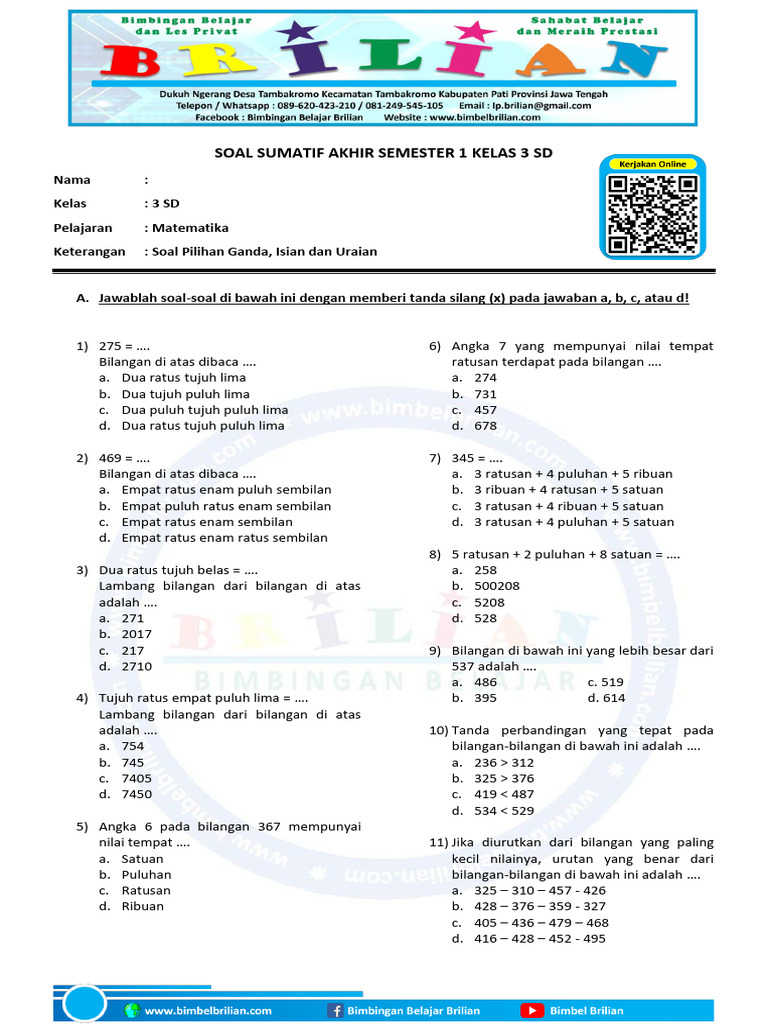 Soal Matematika Kelas 3 SD Semester 1 | PDF