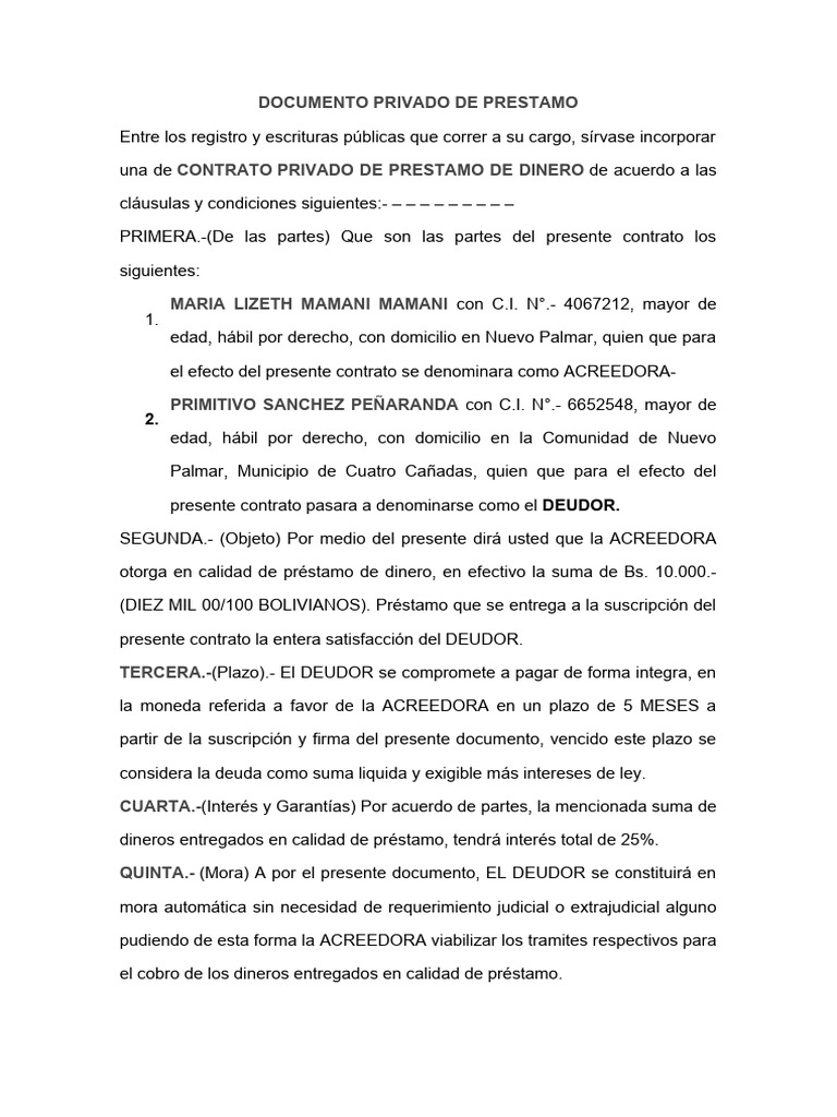 Contrato Privado de Préstamo de Dinero | PDF | Derecho