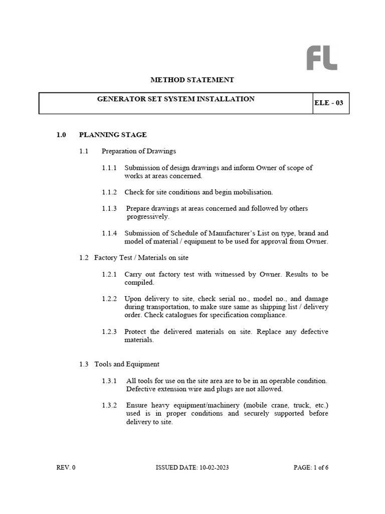 Generator Set Installation Method Statement | PDF | Pipe (Fluid ...