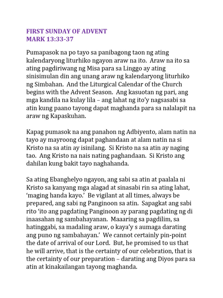 Homily 101 - B Advent 01 00 Mark 13 33-37 | PDF