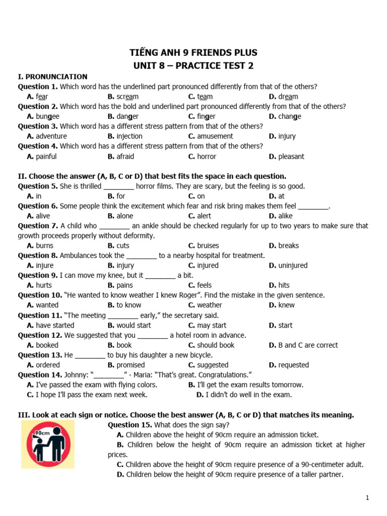 Tiếng Anh 9 Friends Plus - Unit 8 - Practice Test 2 | PDF