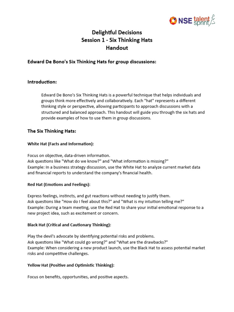 Session 1 - Six Thinking Hats Handout | PDF | Thought | Creativity