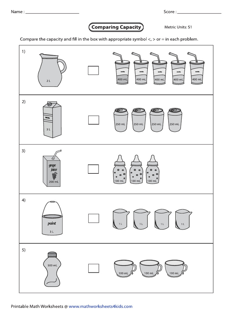 Worksheets 3rd Grade Measurement Capacity Compare Metric All Key