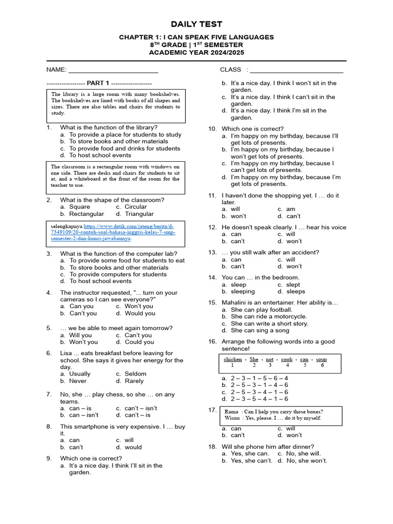 Daily Test Chapter 1 Kelas 7 Pdf Classroom