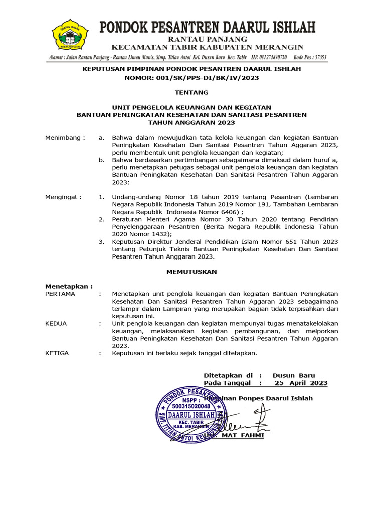 Contoh Sk Unit Pengelola Keuangan Dan Kegiatan Pp Daarul Ishlah Pdf