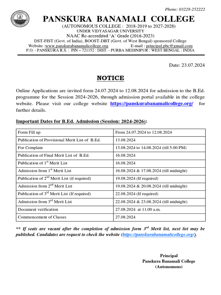Notice For B.Ed. Admission 2024 - 120219 | PDF
