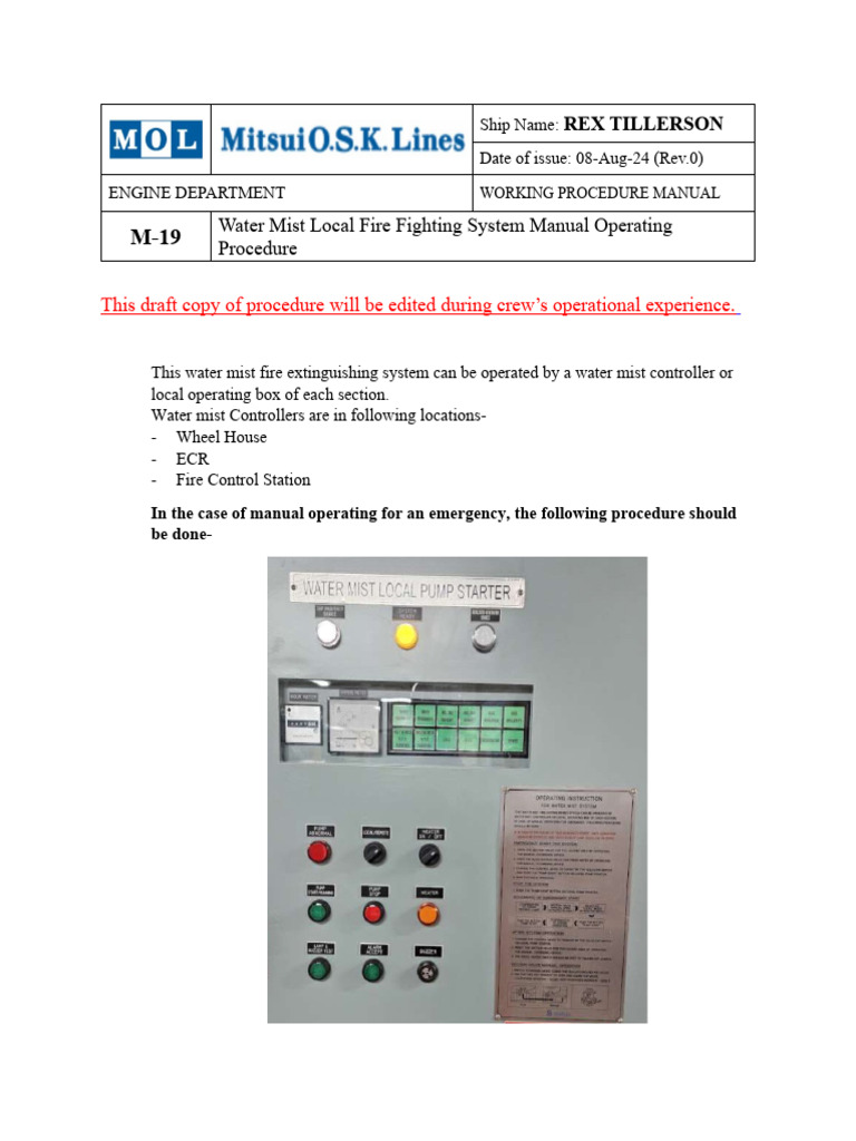 M-23, Water Mist Local Fire Fighting System Operating Procedure, Rex ...
