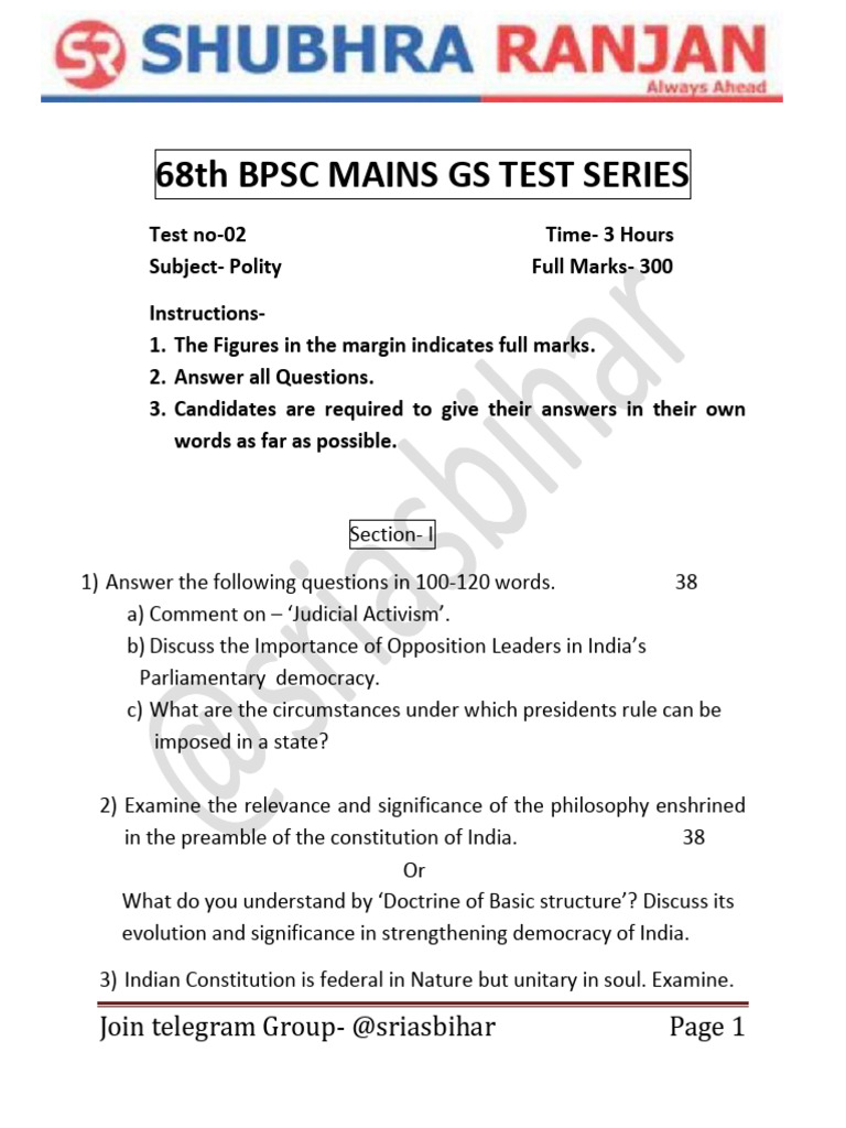 68th BPSC Mains Polity Test Series | PDF | Constitution | Democracy