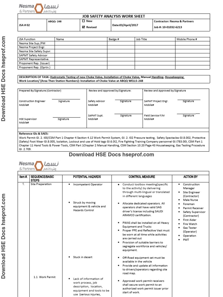 Hydrostatic Testing Job Safety Analysis | PDF | Personal Protective ...