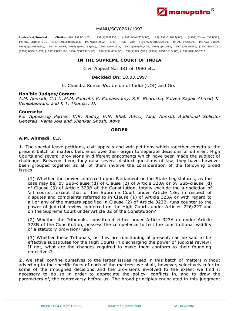 L Chandra Kumar Vs Union of India UOI and Ors 1801014s970723COM798859 ...