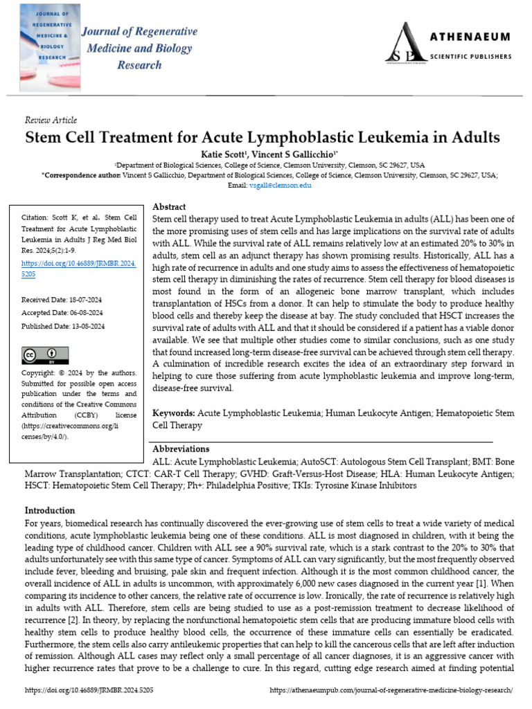 Stem Cell Treatment For Acute Lymphoblastic Leukemia in Adults | PDF ...