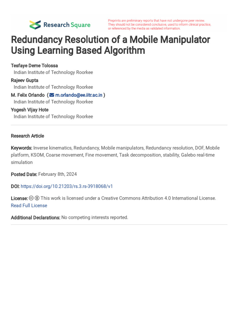 Redundancy Resolution of A Mobile Manipulator Usin | PDF | Stability ...