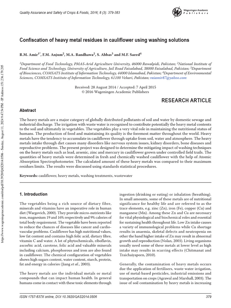 Amir Et Al 2016 Confiscation of Heavy Metal Residues in Cauliflower ...