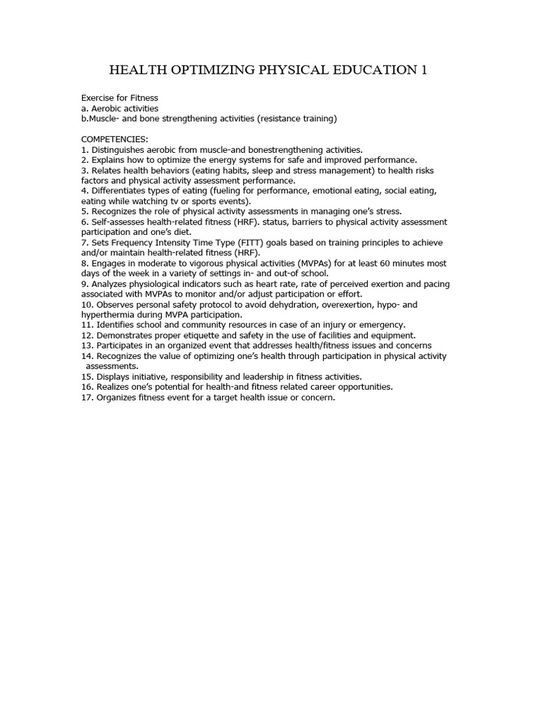 Health Optimizing Physical Education Guide Pdf Physical Fitness