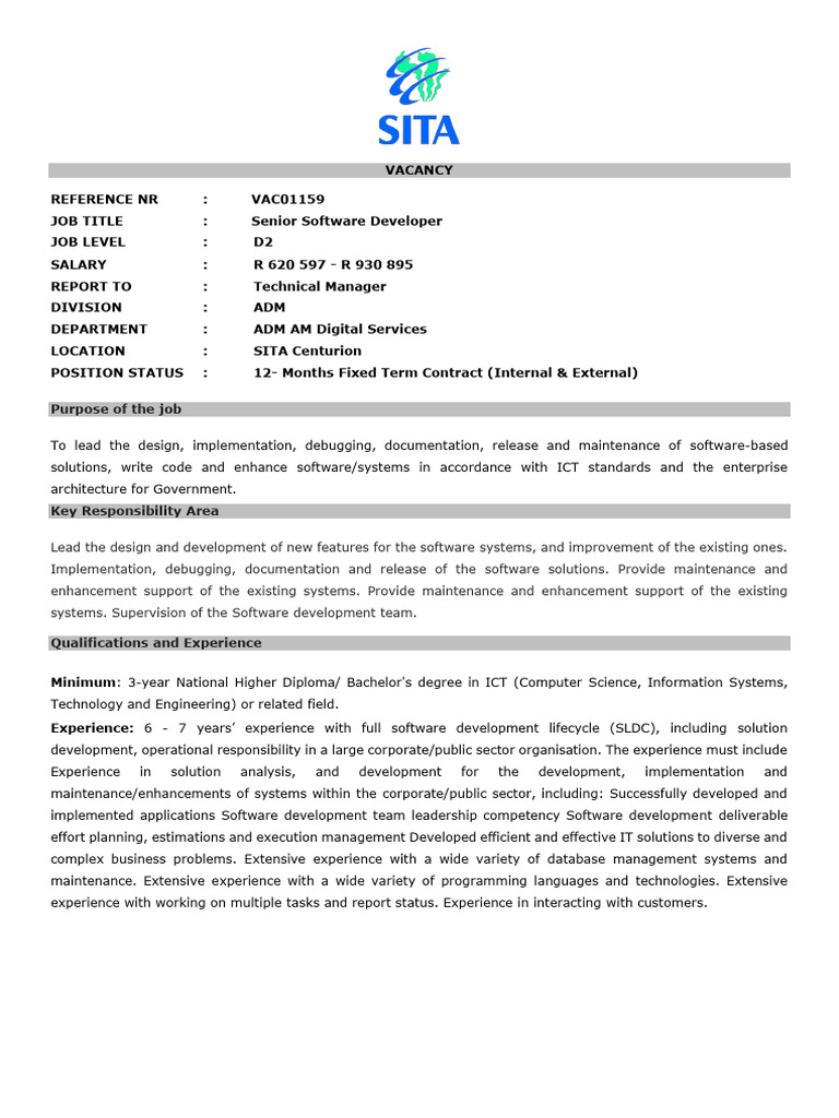Senior Software Developer Vacancy | PDF | Software | Computer Programming