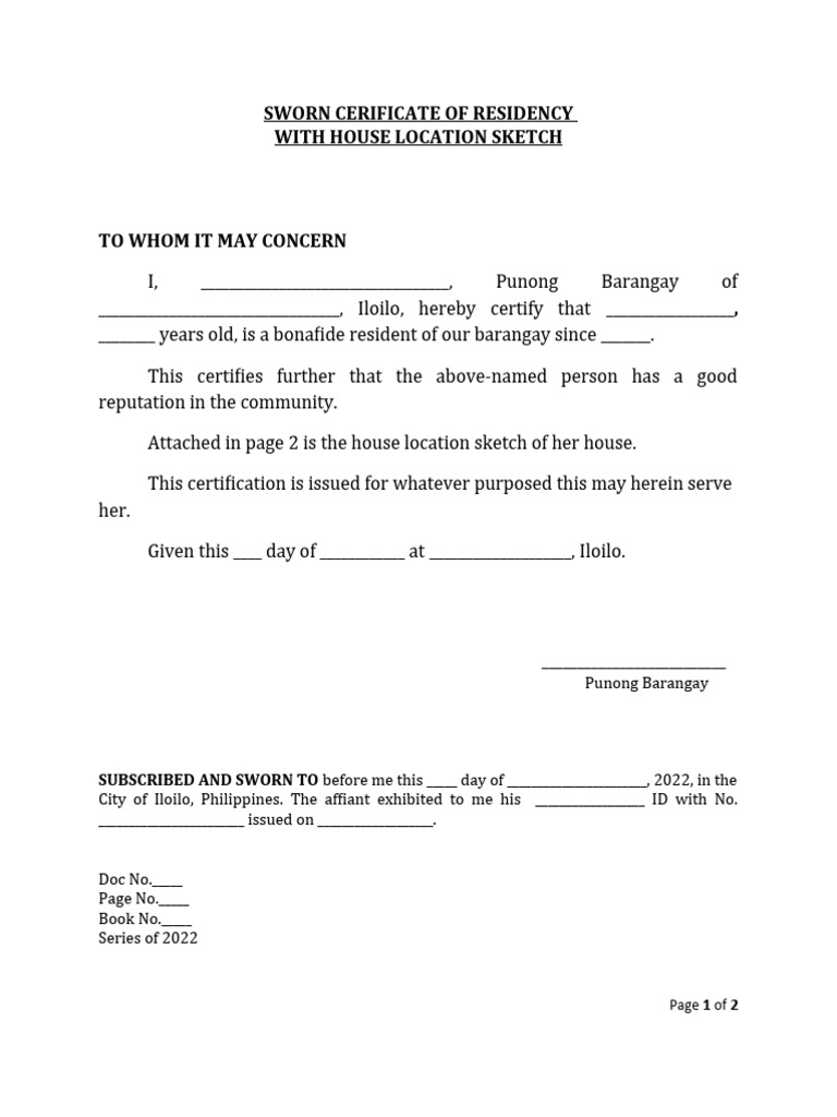 Barangay Certificate of Residency Sample | PDF