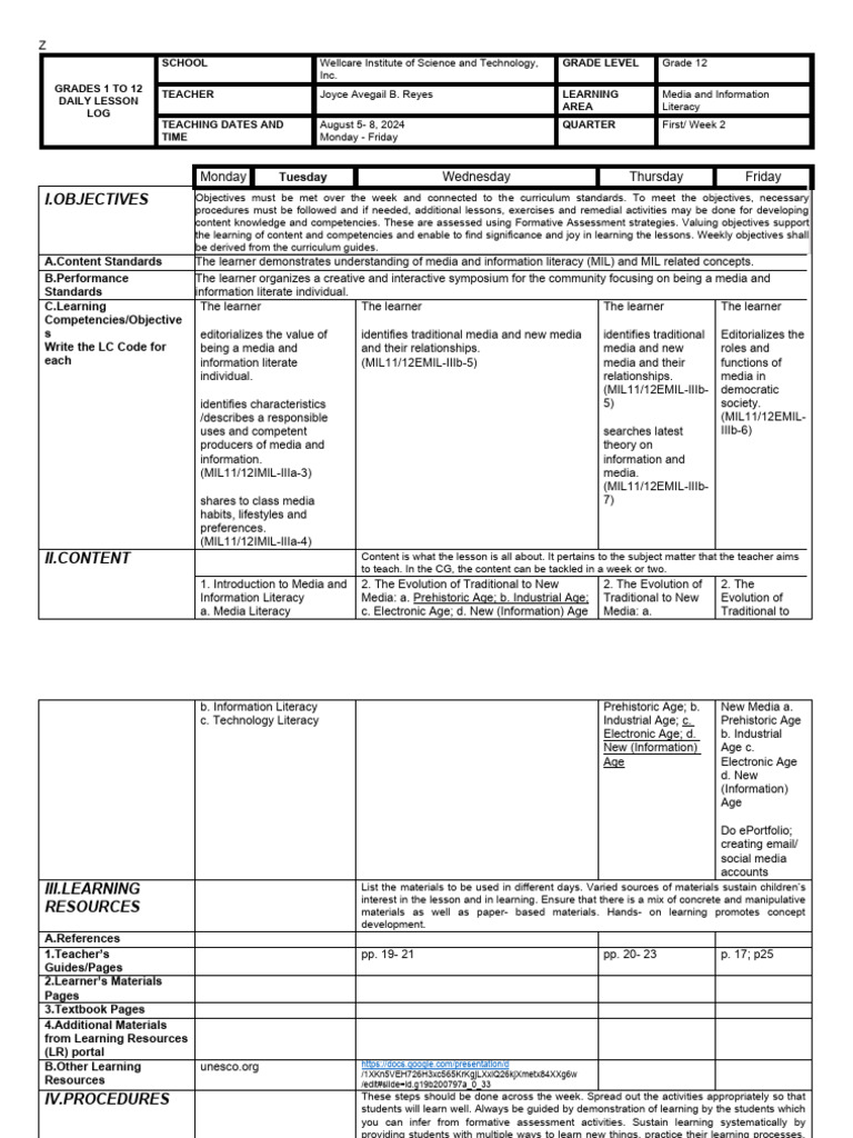 Grade 12 Media Literacy Lesson Plan | PDF | Learning | Information