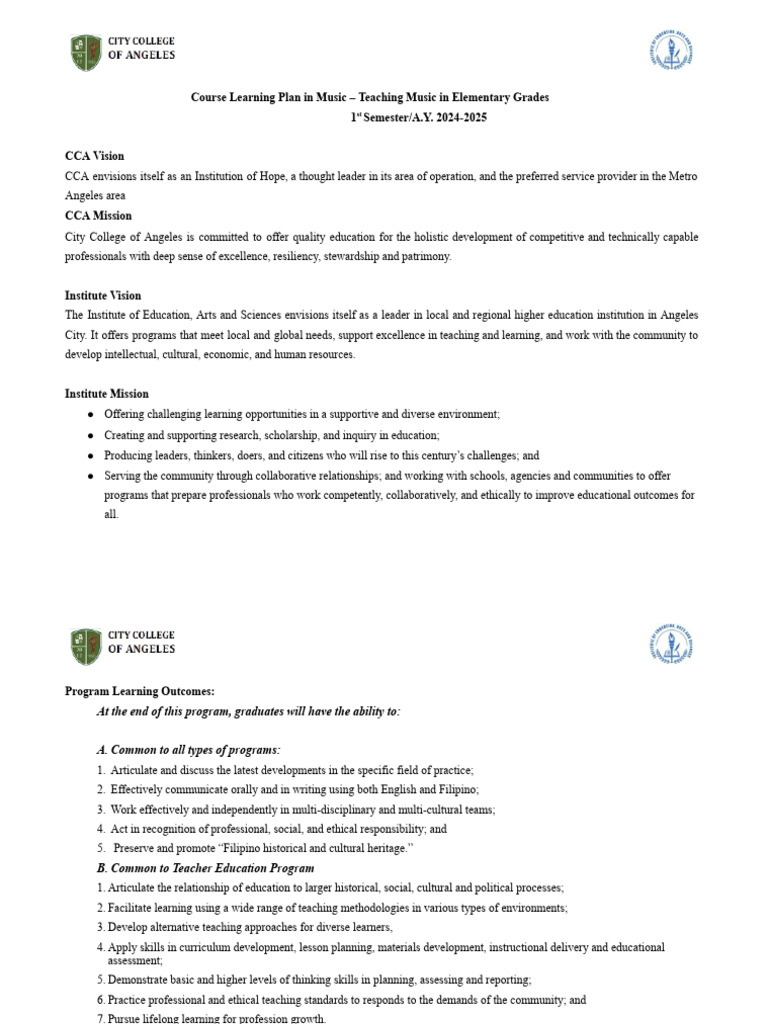 Music Teaching Plan for Elementary Grades | PDF | Educational ...
