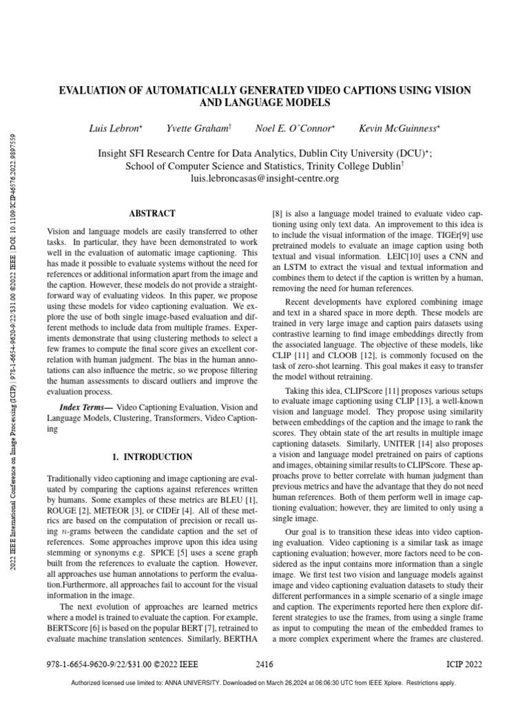 Evaluation of automatically generated video captions using vision and
