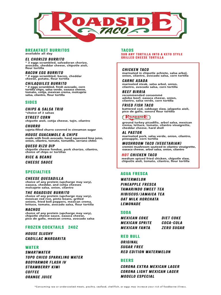 Roadside Tacos Menu Overview | PDF | Burrito | Mexican Cuisine