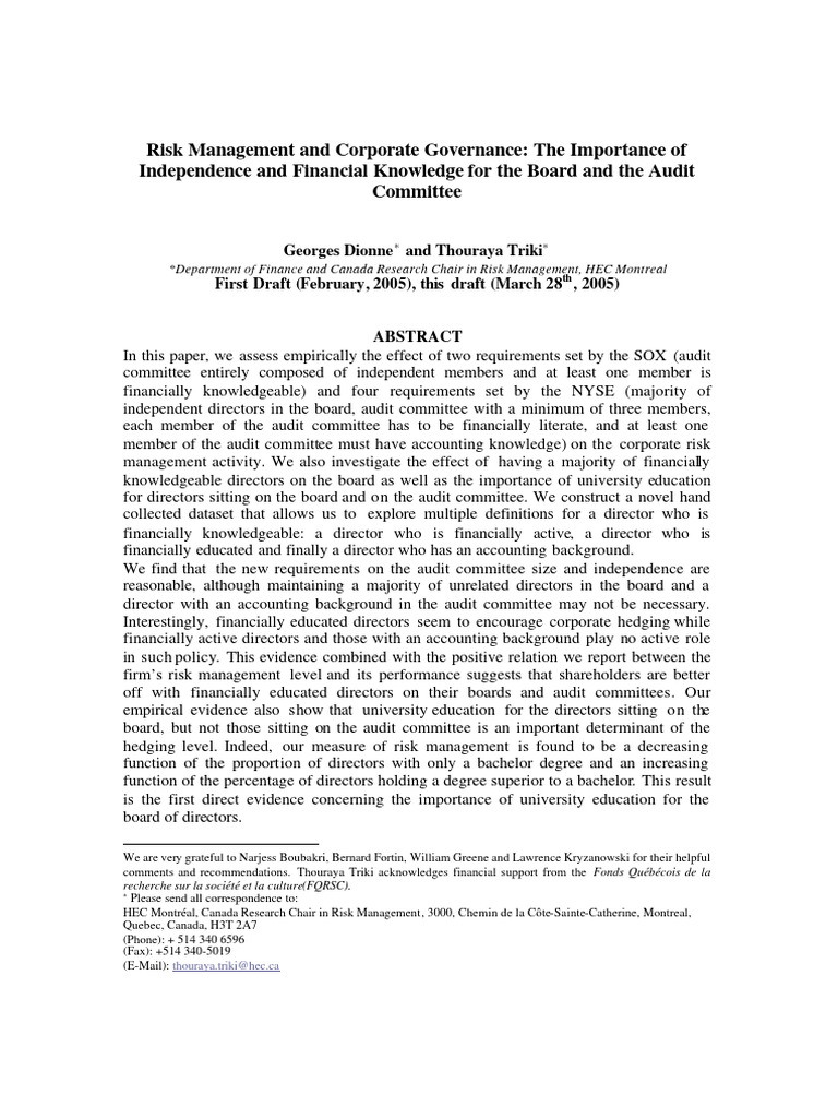 Risk Management and Corporate Governance | PDF | Sarbanes–Oxley Act | Audit