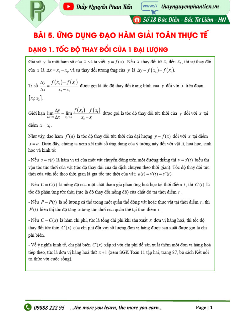 In HS - Bài 5 - Ứng Dụng Đạo Hàm Để Giải Toán Thực Tế | PDF