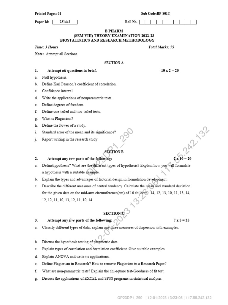 Bpharm 8 Sem Biostatistics and Research Methodology BP 801t 2023 | PDF ...