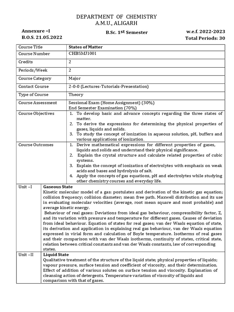 B.Sc. Chemistry Course Syllabus 2022-23 | PDF | Entropy | Gases