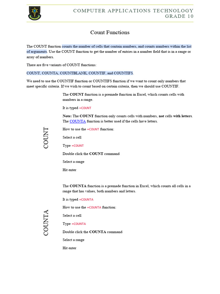 Count functions pdf function mathematics microsoft excel
