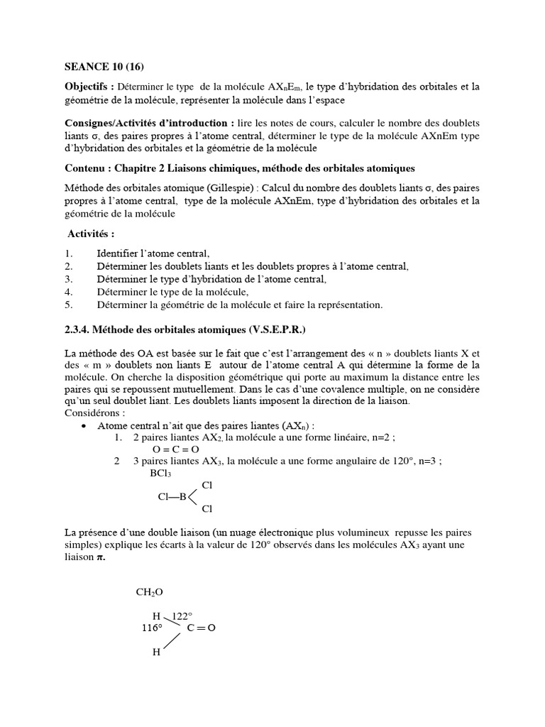 Analyse de la molécule AXnEm | PDF | Orbitale moléculaire | Liaison ...