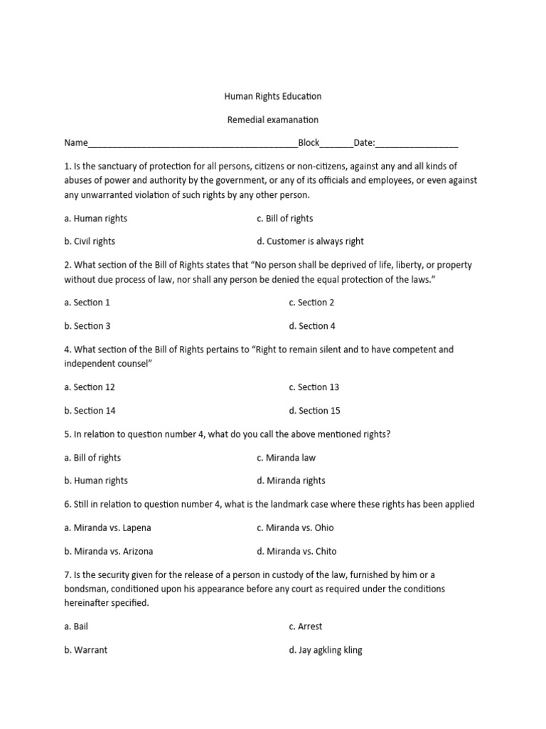 Human Rights Education Exam | PDF | Miranda Warning | Arrest
