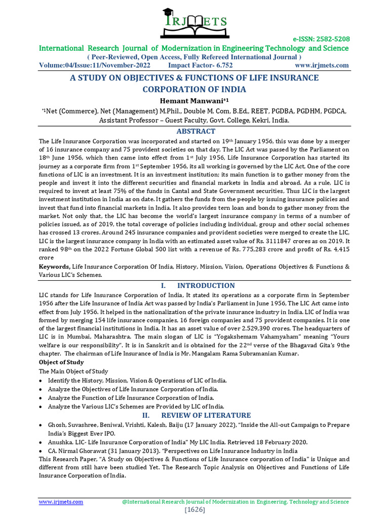 Objectives and Functions of LIC India | PDF | Insurance | Life Insurance