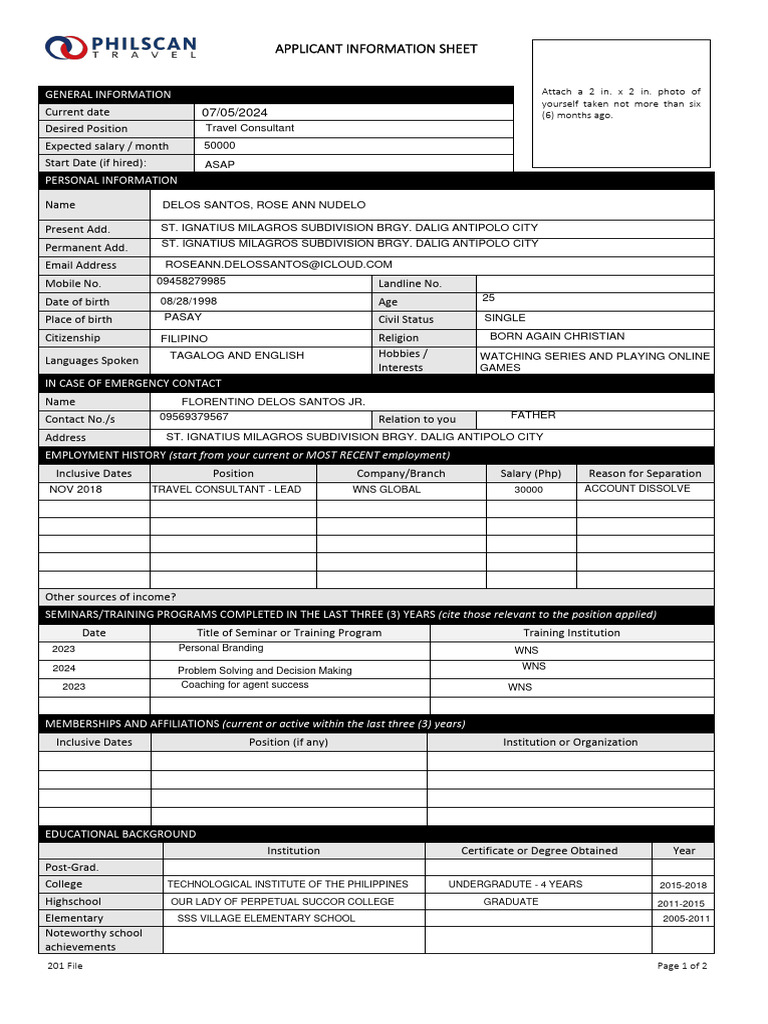 Applicant Information Sheet Template | PDF