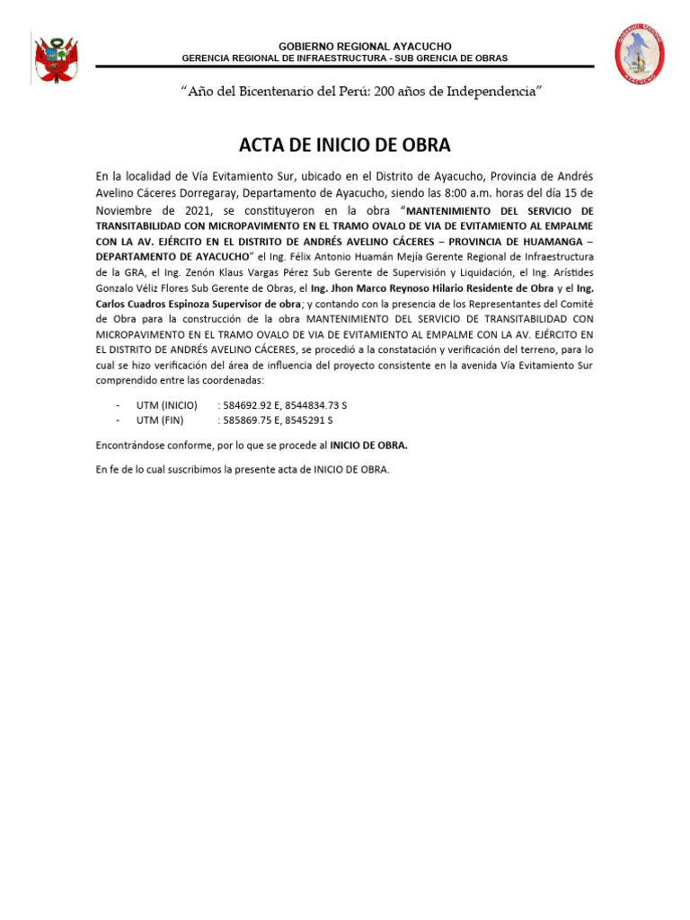 Acta de Inicio y Entrega de Obra en Ayacucho | PDF | Comunidad andina ...
