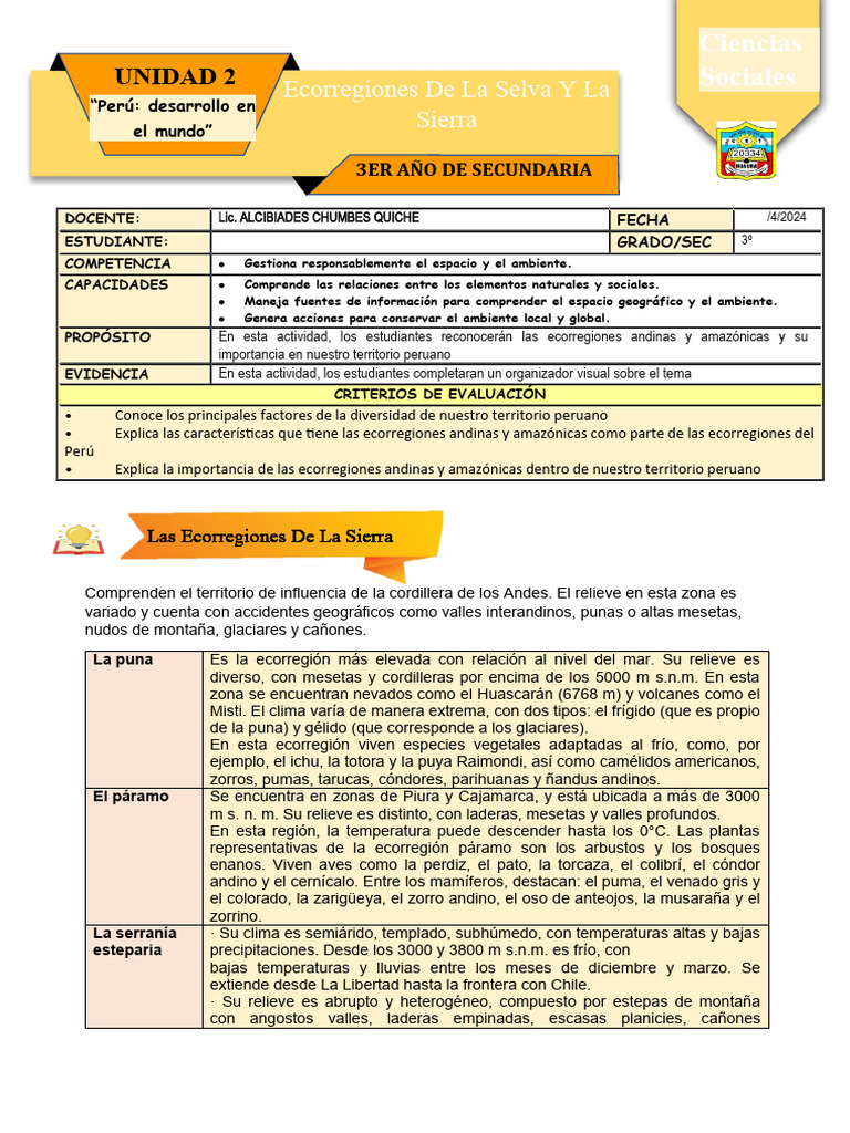 Ficha de Actividad CCSS 3° - Semana 2 | PDF | Andes | Ciencias de la Tierra