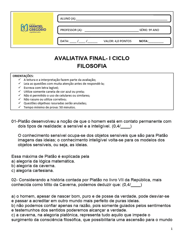 Avaliação Final de Filosofia: Platão | PDF | Pensamento | Platão